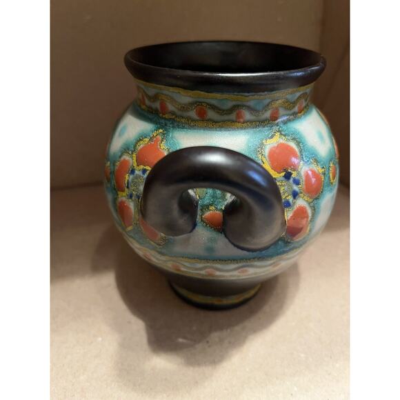Gouda Holland Art Pottery Borne Orange Blue Ceramic Double Handle Pot 1848 - Picture 5 of 9